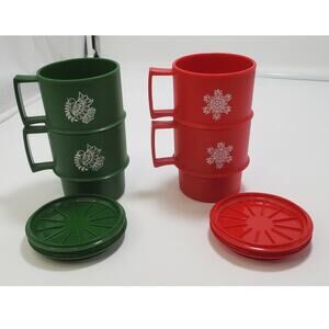 VTG Lot of 4 Tupperware Red & Green Christmas Stackable Mug with Lids/Coasters